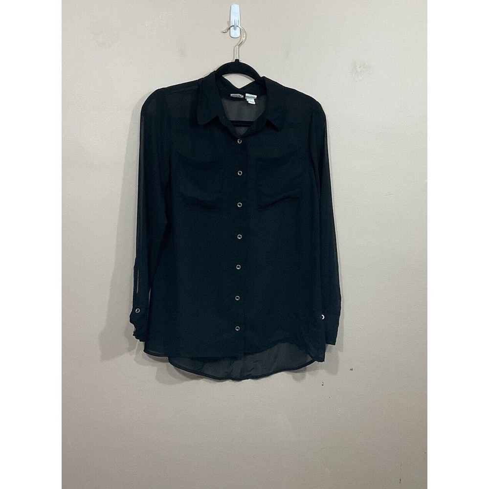 Womens Sheer Button Down Shirt Size Small Black Goth Grunge 90s Witch Pockets